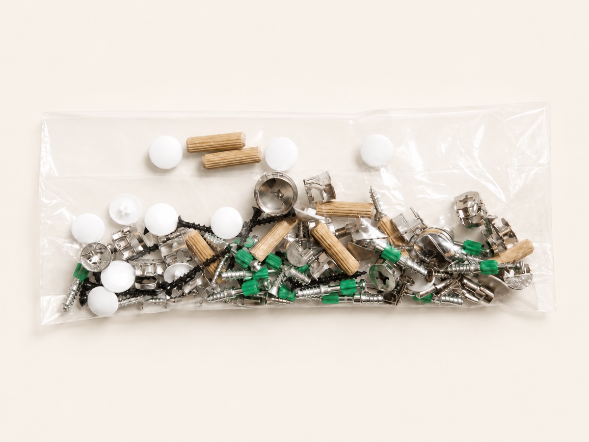 The fittings pack: cam locks, dowels, screws, shelf pegs and cover caps, bagged