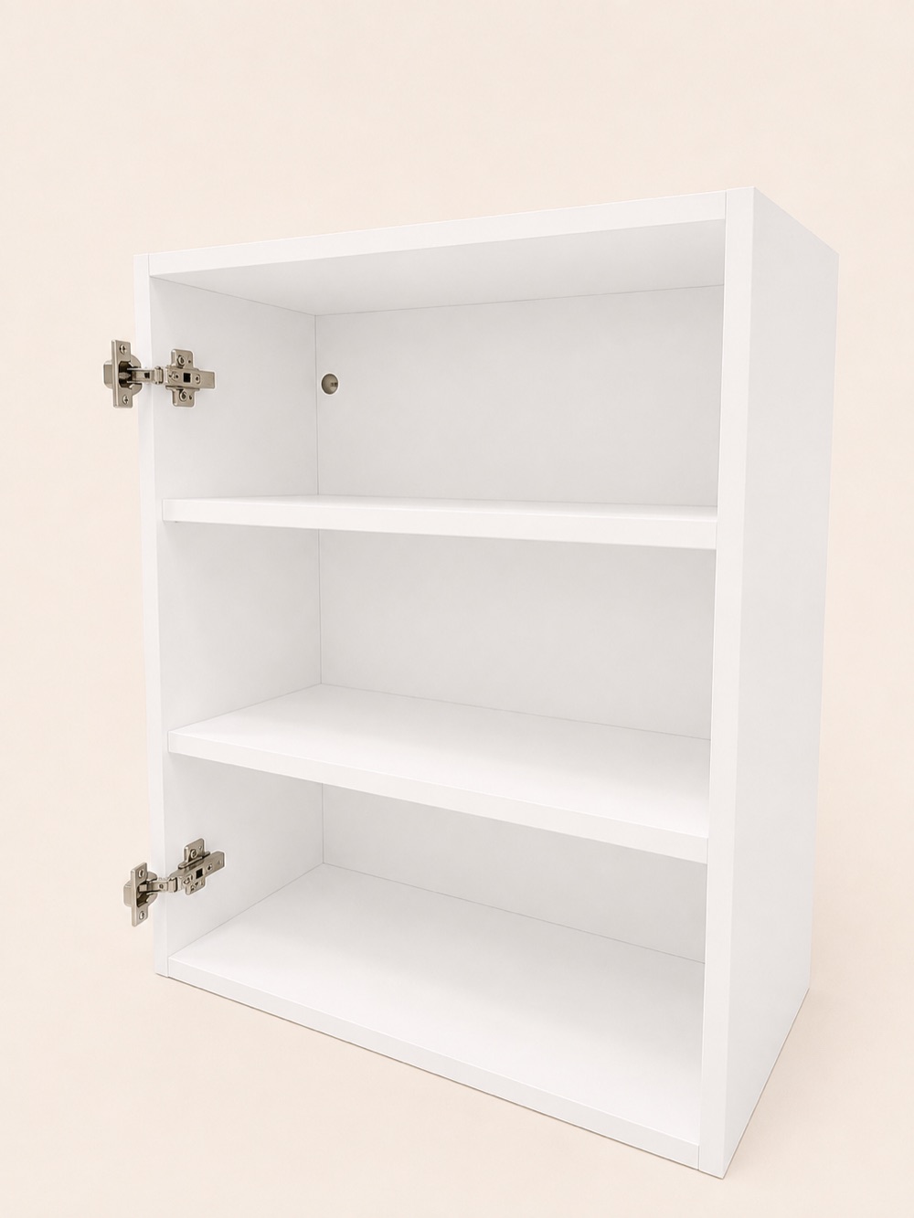 A 600mm wall unit assembled with two adjustable shelves and soft-close hinges